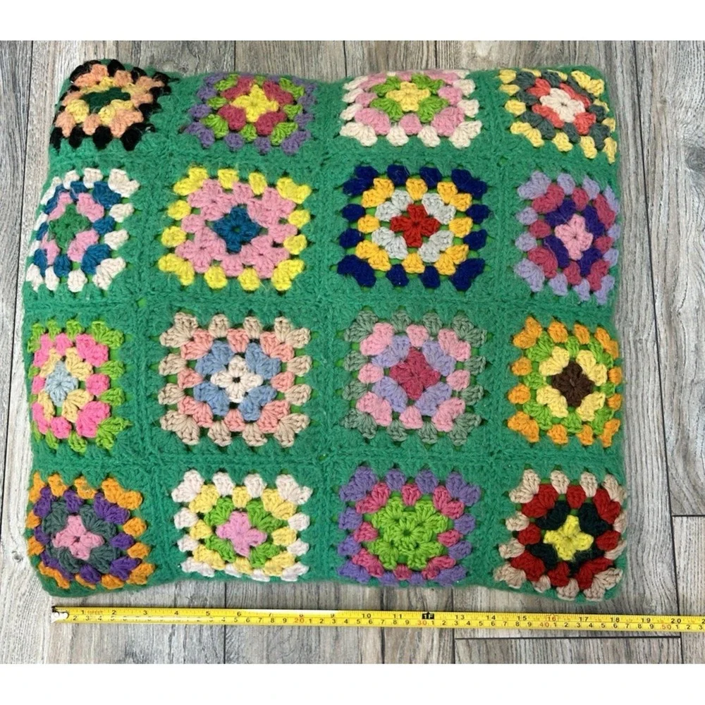 Vintage 2 Granny Square Crochet Throw Pillow & Case Rainbow Handmade Decorative